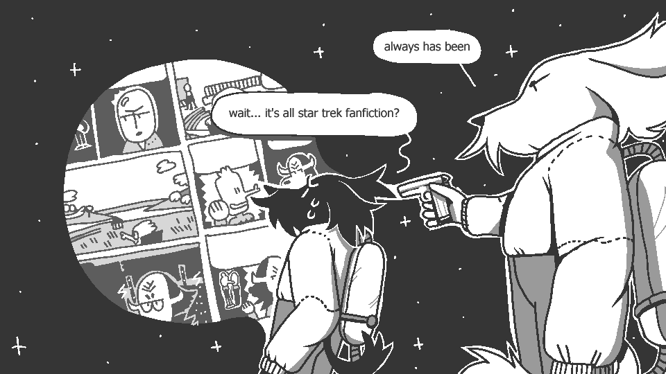 illustration of two characters from Loose Ends - Lanky and Scottie. they are expressing the absurdity of their created universe. don't worry, it doesn't make sense to me, either.